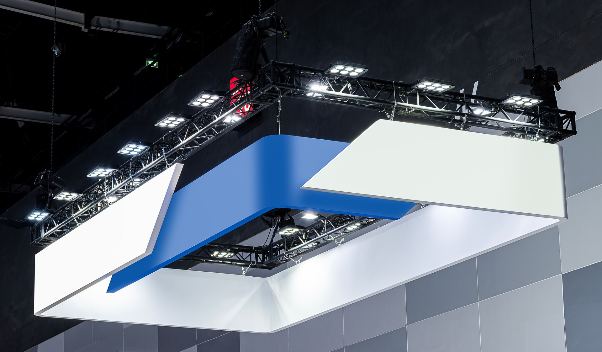 Indoor hanging white and blue horizontal banner billboard